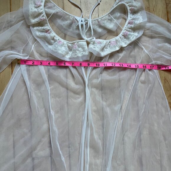 Vintage 60s Movie Star Bed Robe White Sheer Mesh Floral Lace Trim Sz M Coquette - Picture 6 of 8